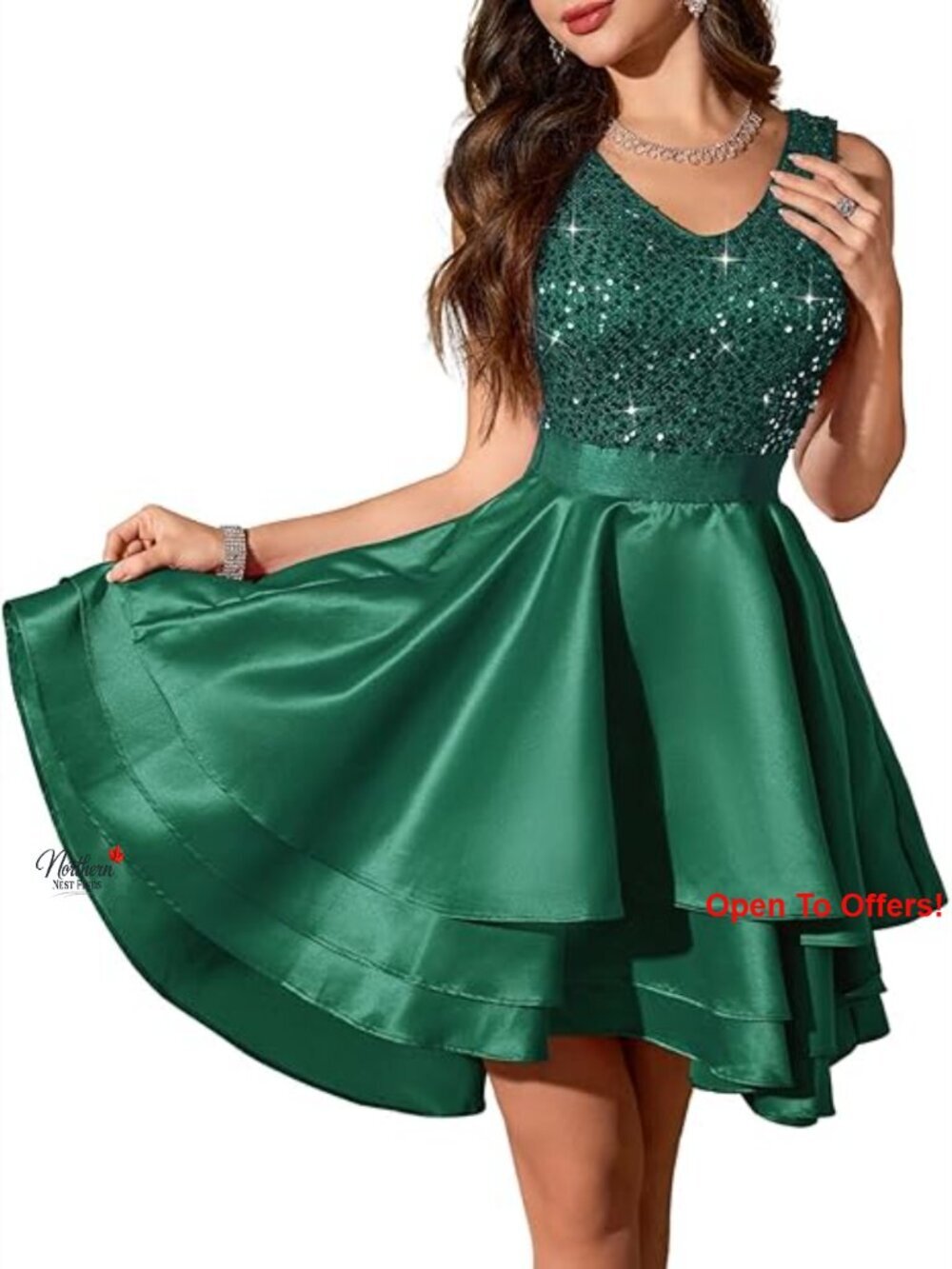 Sequin and Satin High Low Formal Dress with V-Neck for Prom